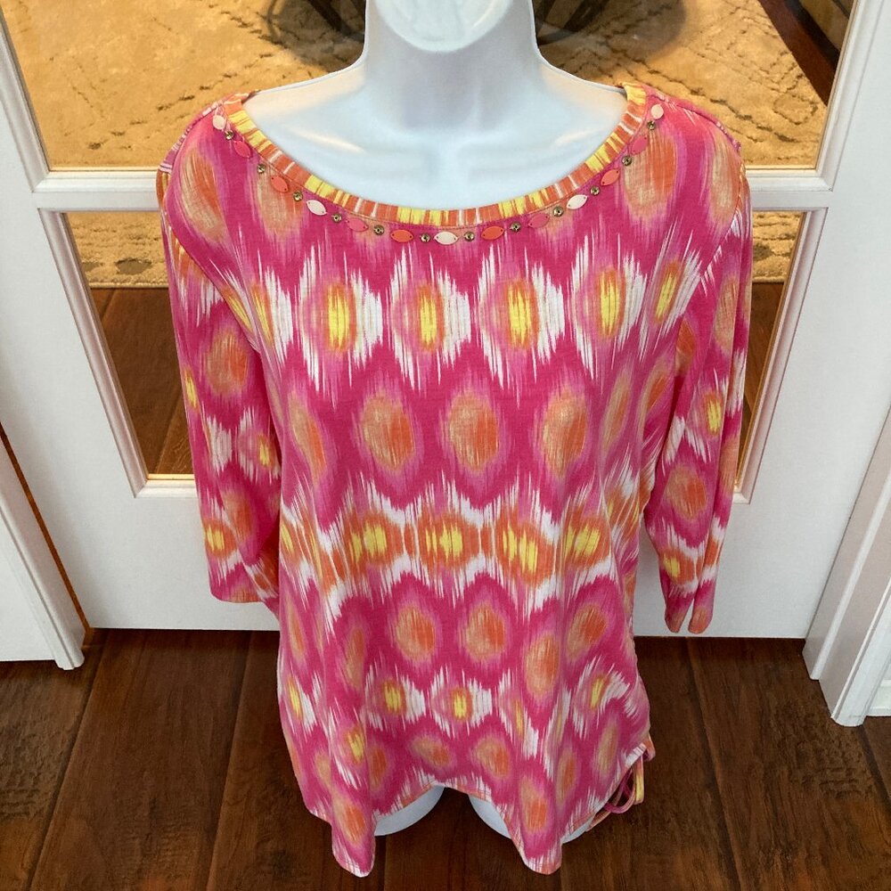 Lara Lane Pink White Yellow 3/4 Top with Beaded Neckline X Large